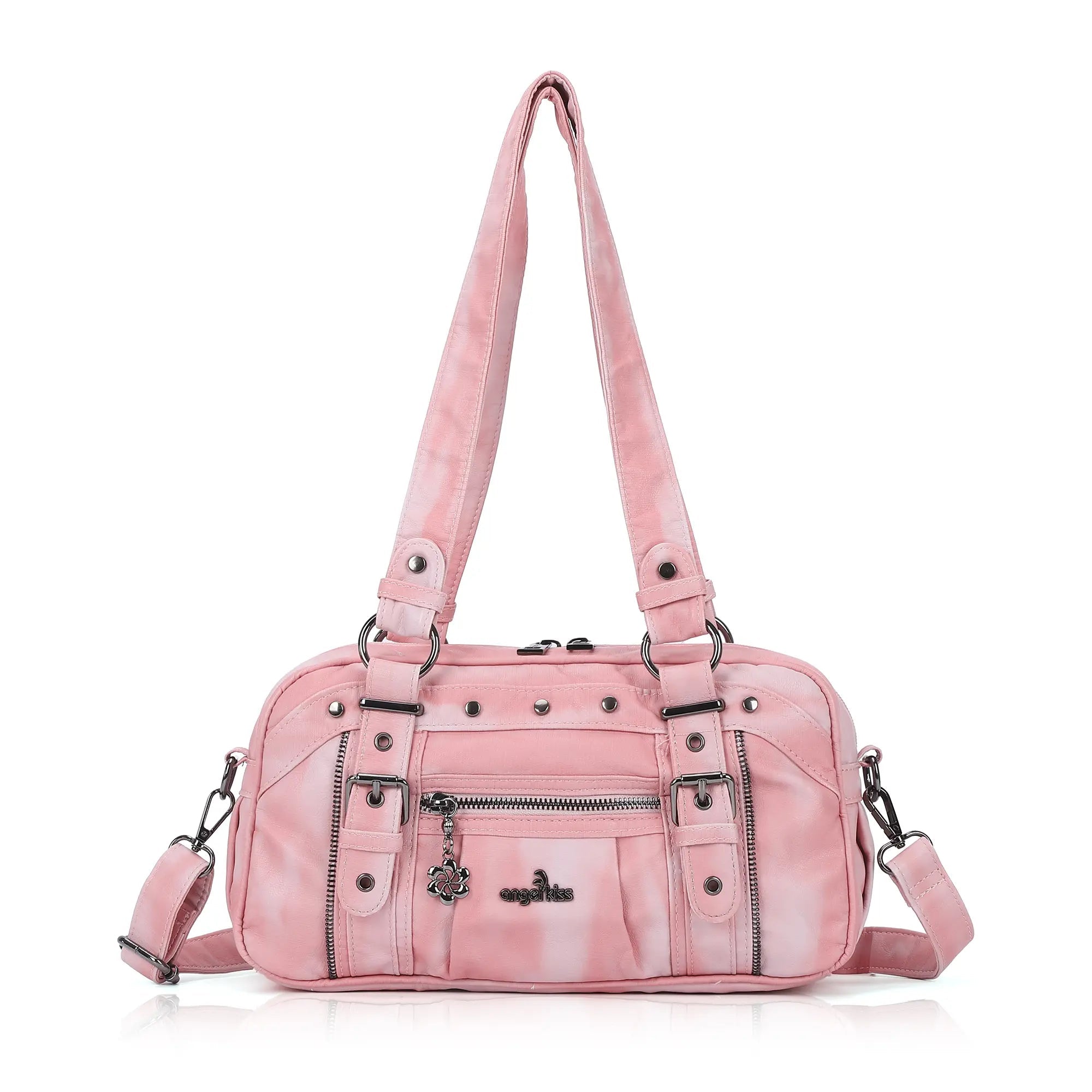 Tie-Dye Multi-Pocket Shoulder Tote Bag with Studded Zipper Details